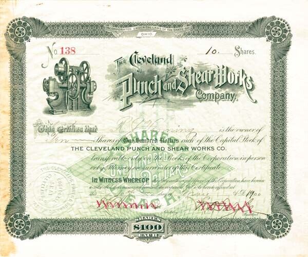 Cleveland Punch and Shear Works Co - Stock Certificate - General Stocks