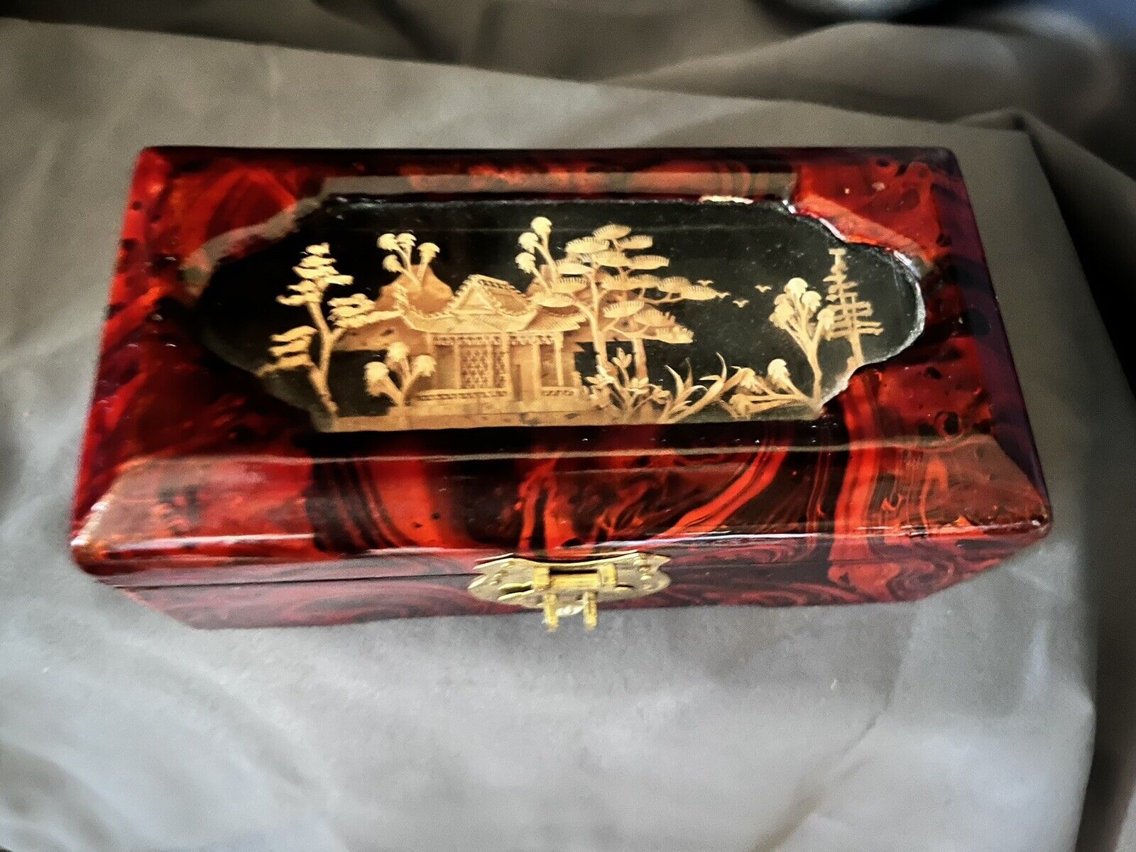 Chinese Red Lacquer Jewelry Box 3D Diorama Sculptured Cork Art
