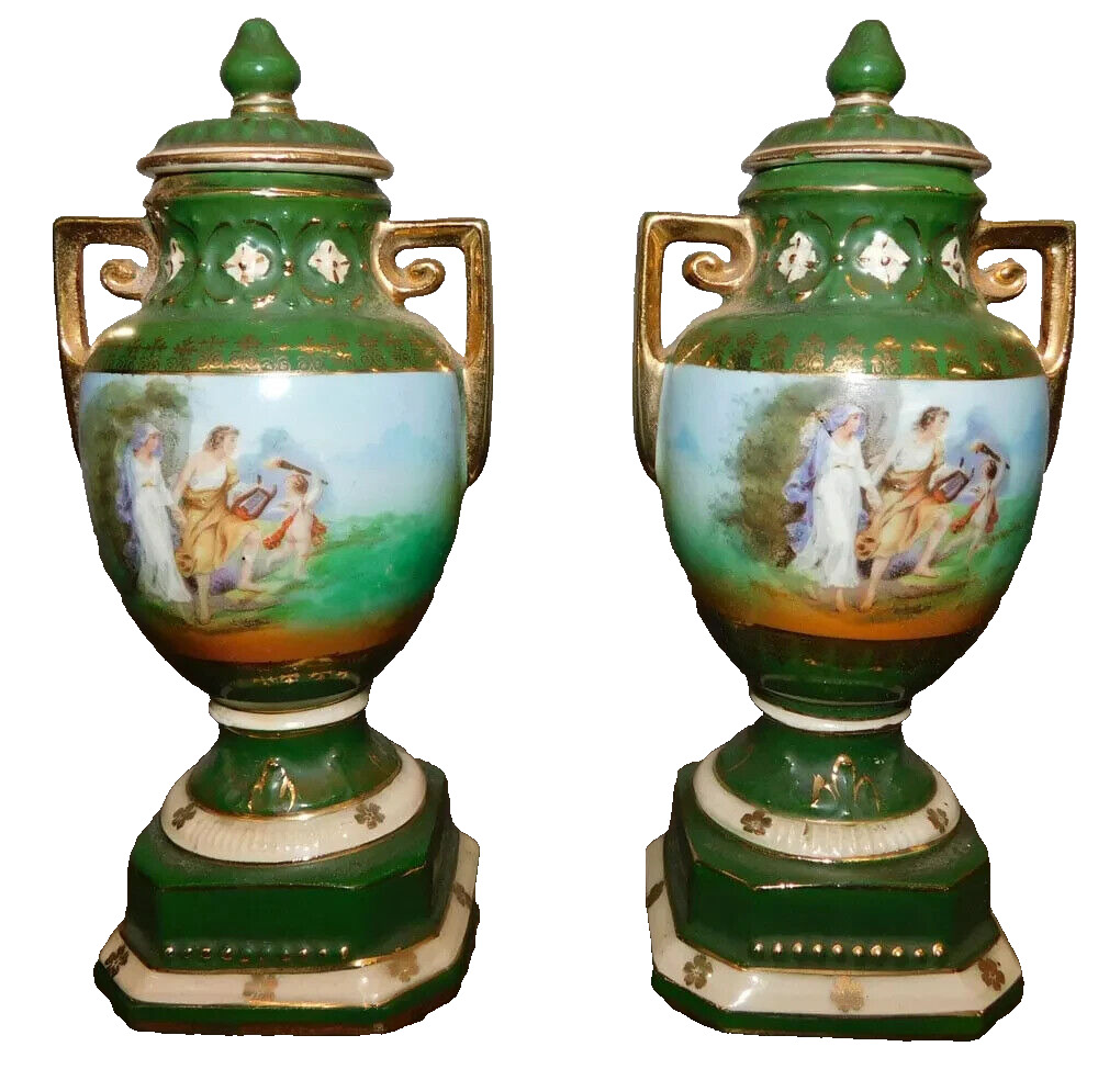 Urns, Paint Decorated, Czechoslovakia, Covered, Rest\'ed Tops, Pair, Early 1900s