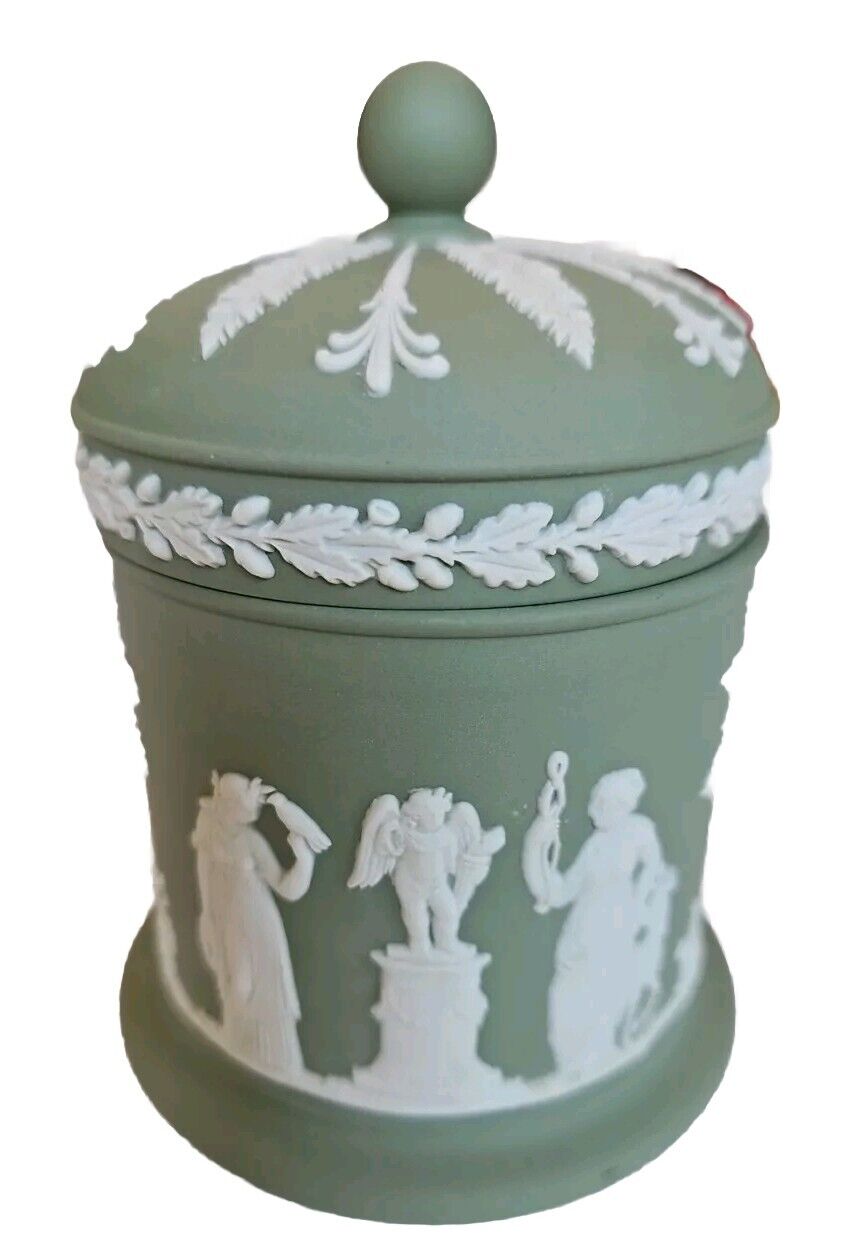 Vintage Wedgwood Jasperware Sage Green Tobacco Jar With Lid Made In England 
