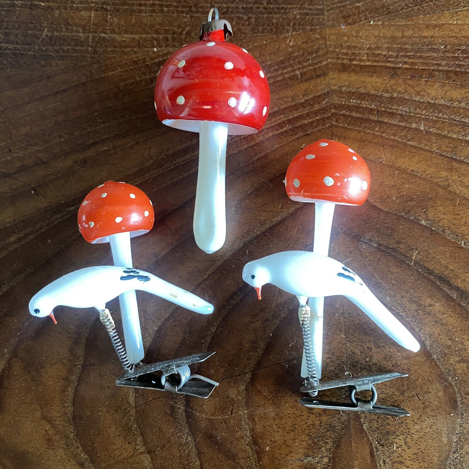 3 Vintage Glass Mushrooms Christmas 2 Clip-On Ornaments Blown Glass READ LOOK