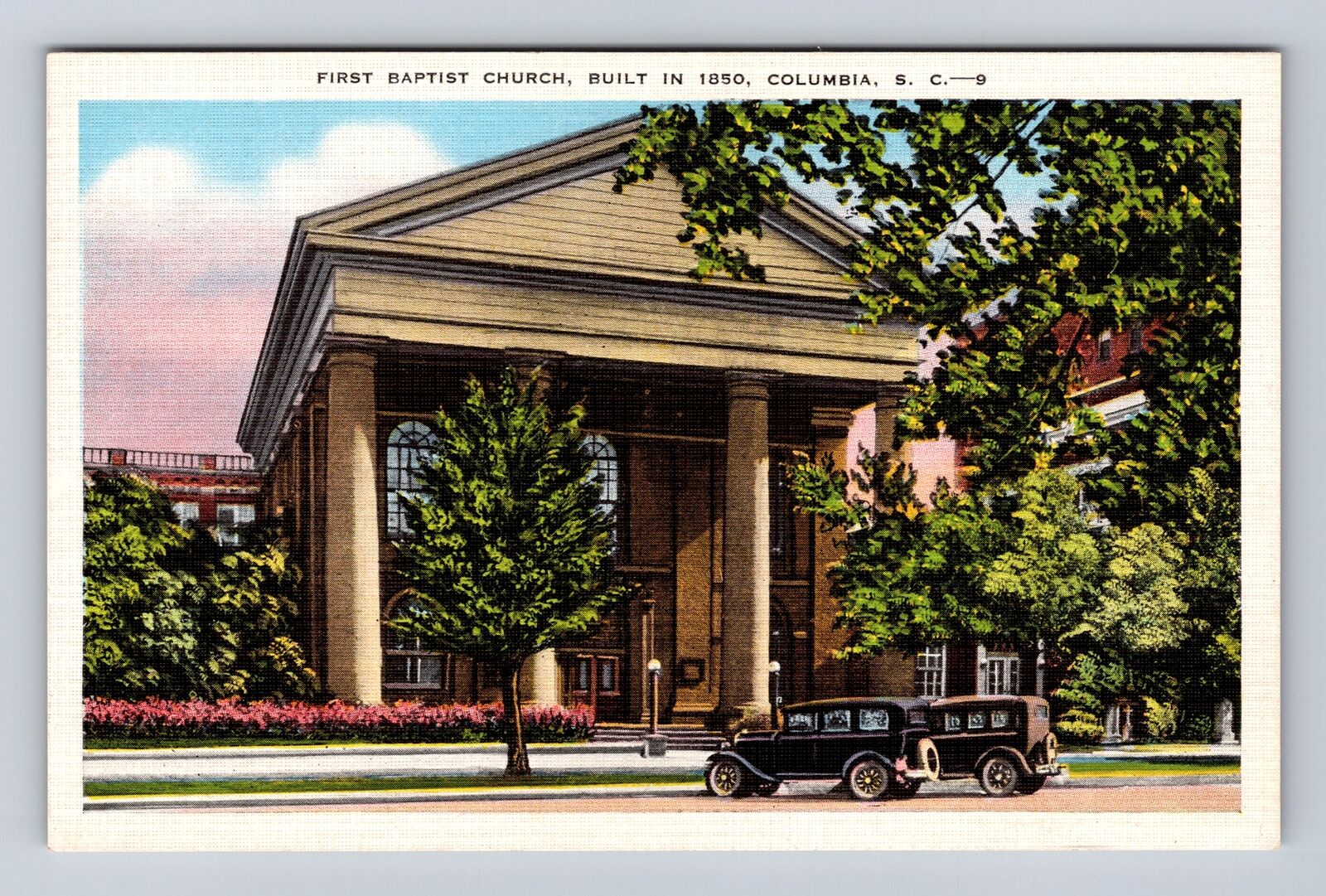 Columbia SC-South Carolina, First Baptist Church, Vintage Cars Vintage Postcard