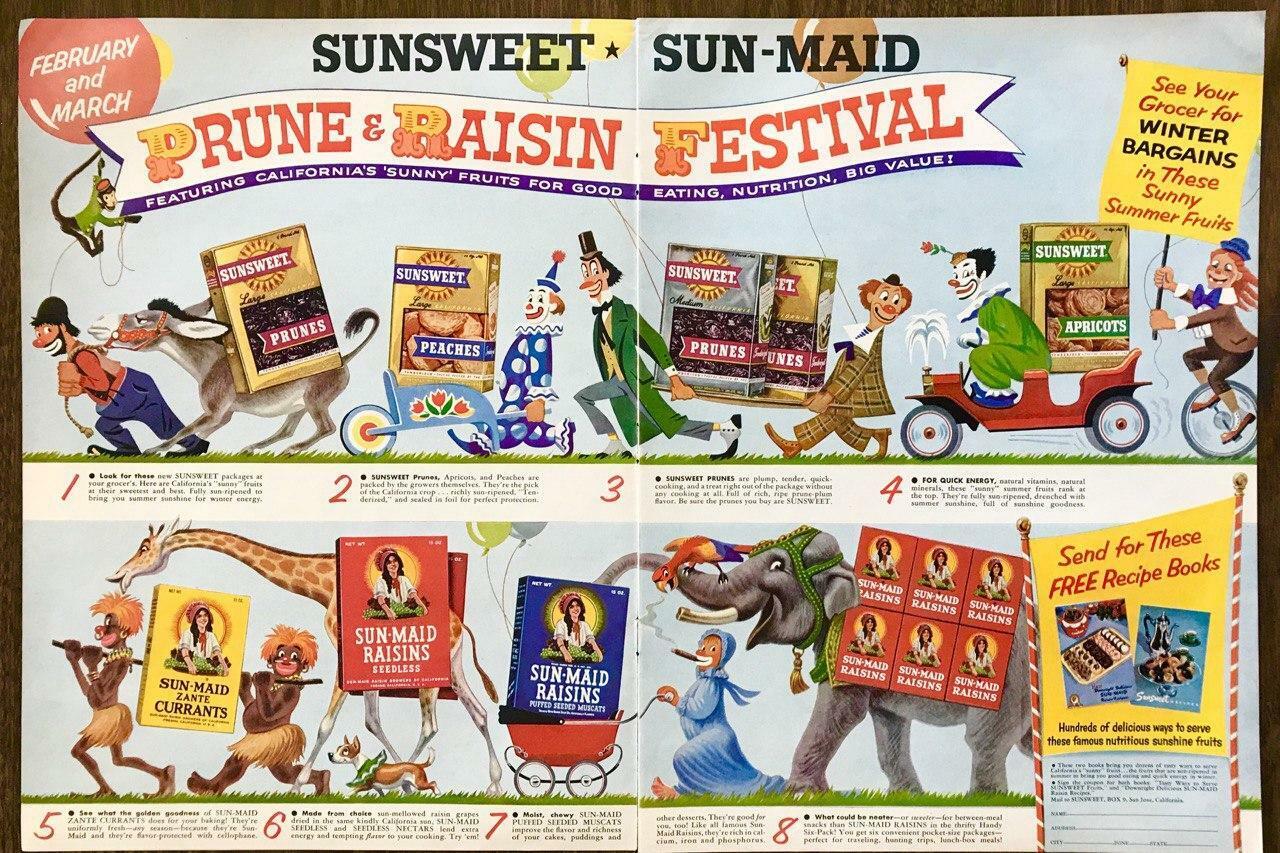 1955 Sunsweet Prunes Sun-Maid Raisins Festival 2pg PRINT AD Circus Folks Animals