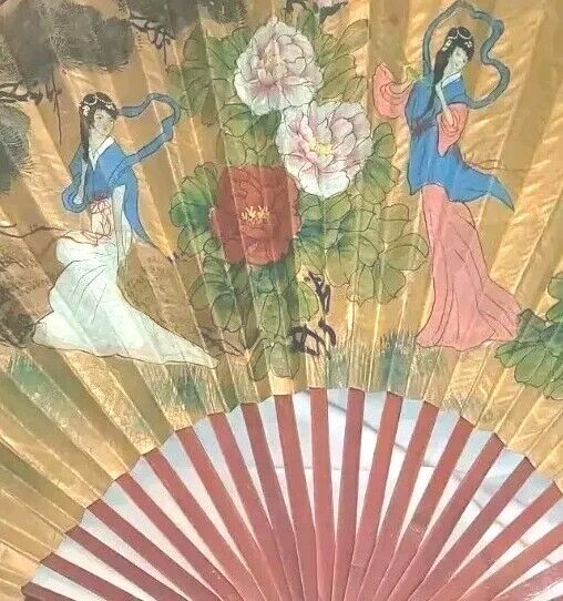 VINTAGE CHINESE HAND PAINT FOLDING FAN -XL ,TWO SISTER\'S 67\