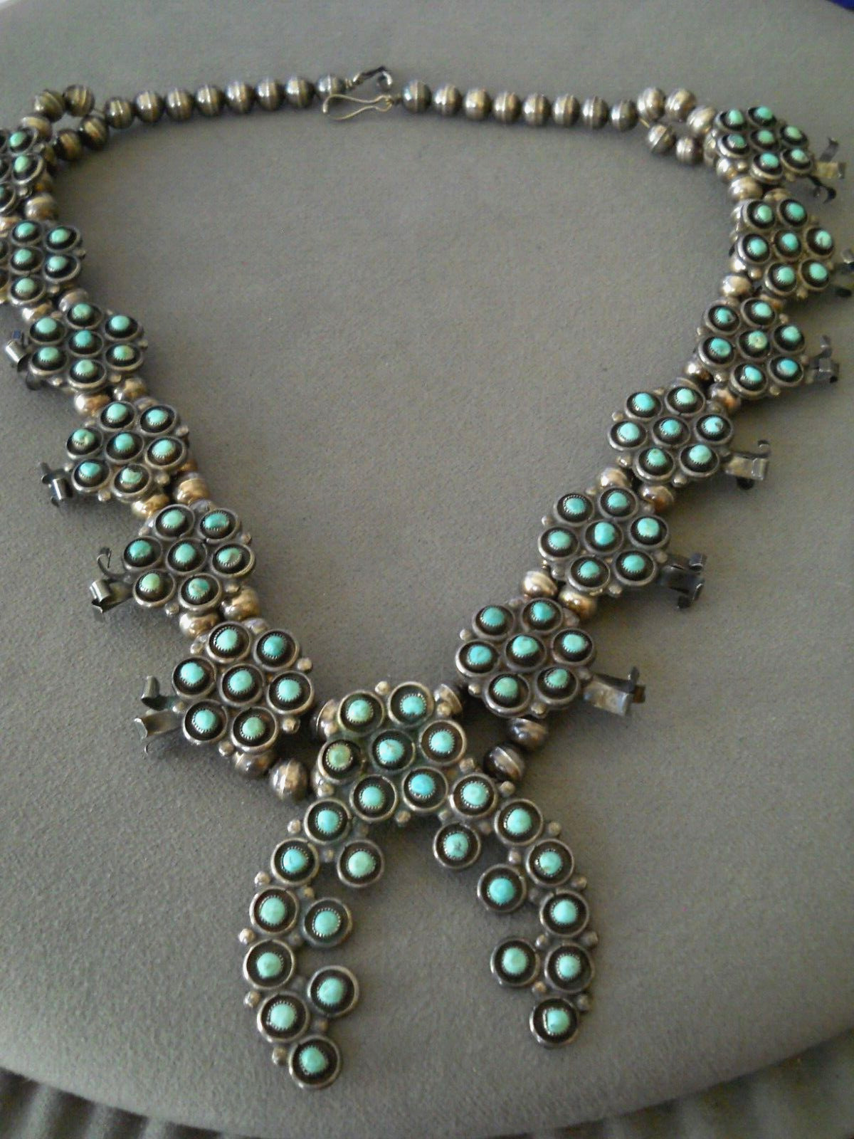 OLD Native American Turquoise Cluster Sterling Silver Squash Blossom Necklace