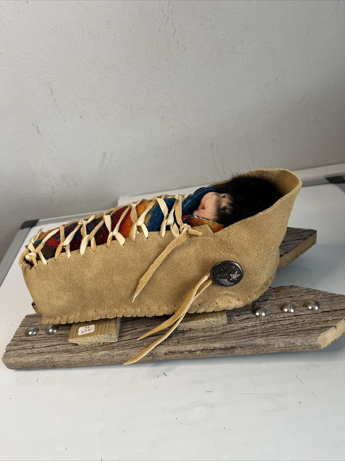 Cradle Board Doll Vintage Native American Estate Display Wood Leather Wool