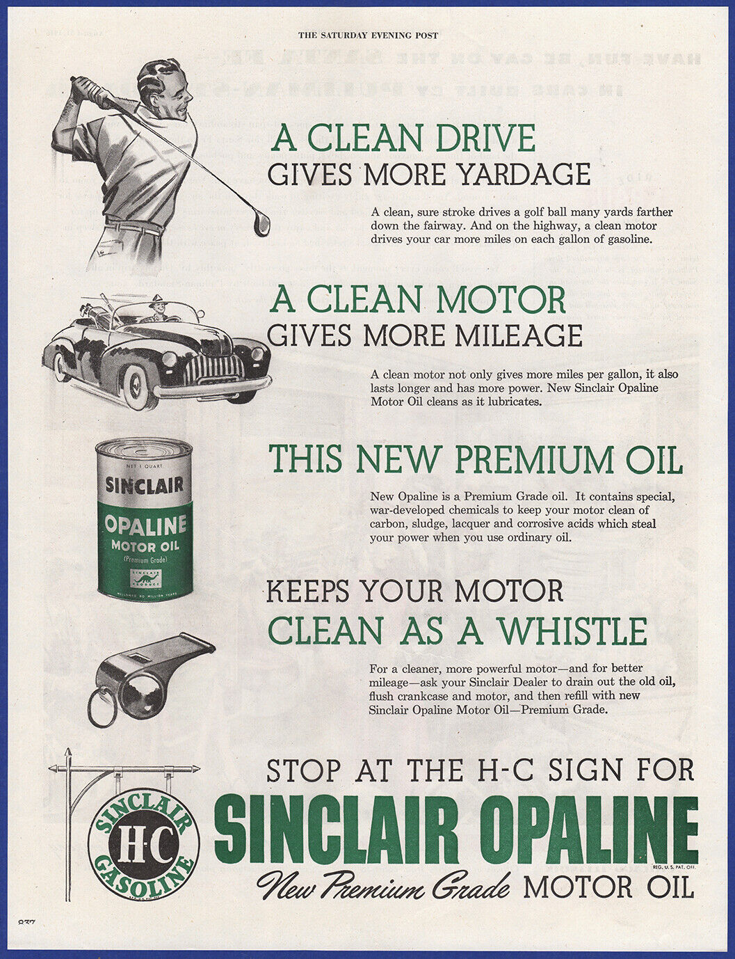 Vintage 1946 SINCLAIR OPALINE Motor Oil H-C Gasoline Ephemera 40\'s Print Ad