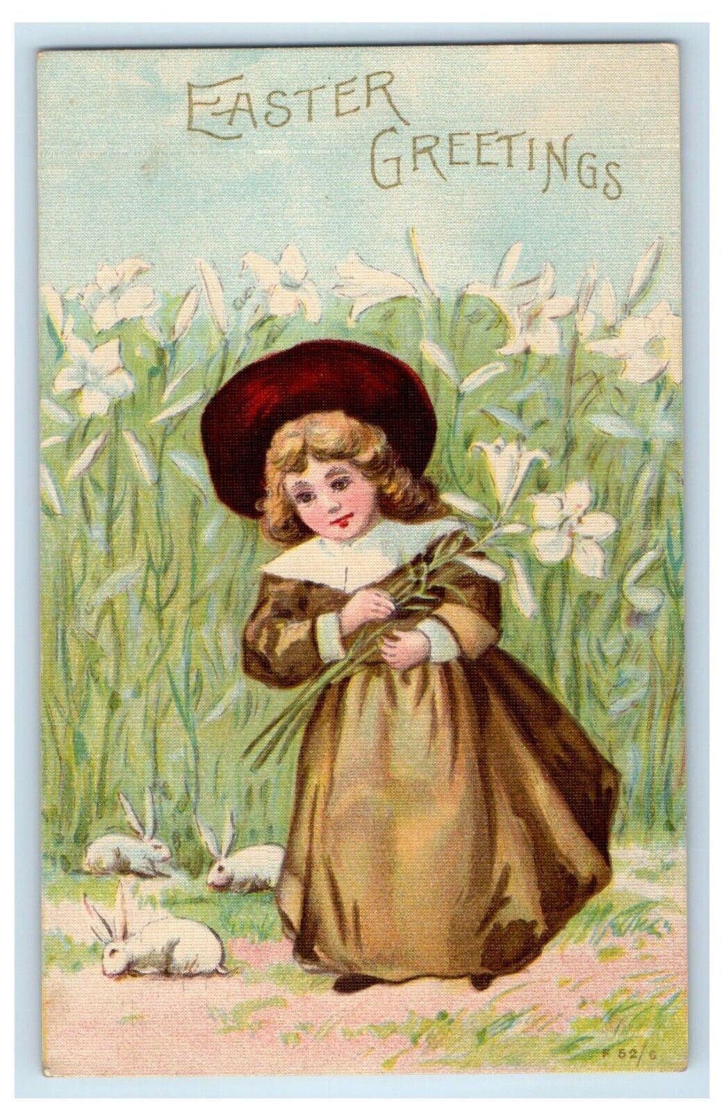 c1905 Easter Greetings Girl Bunny Rabbits Lily White Flowers Rotograph Postcard