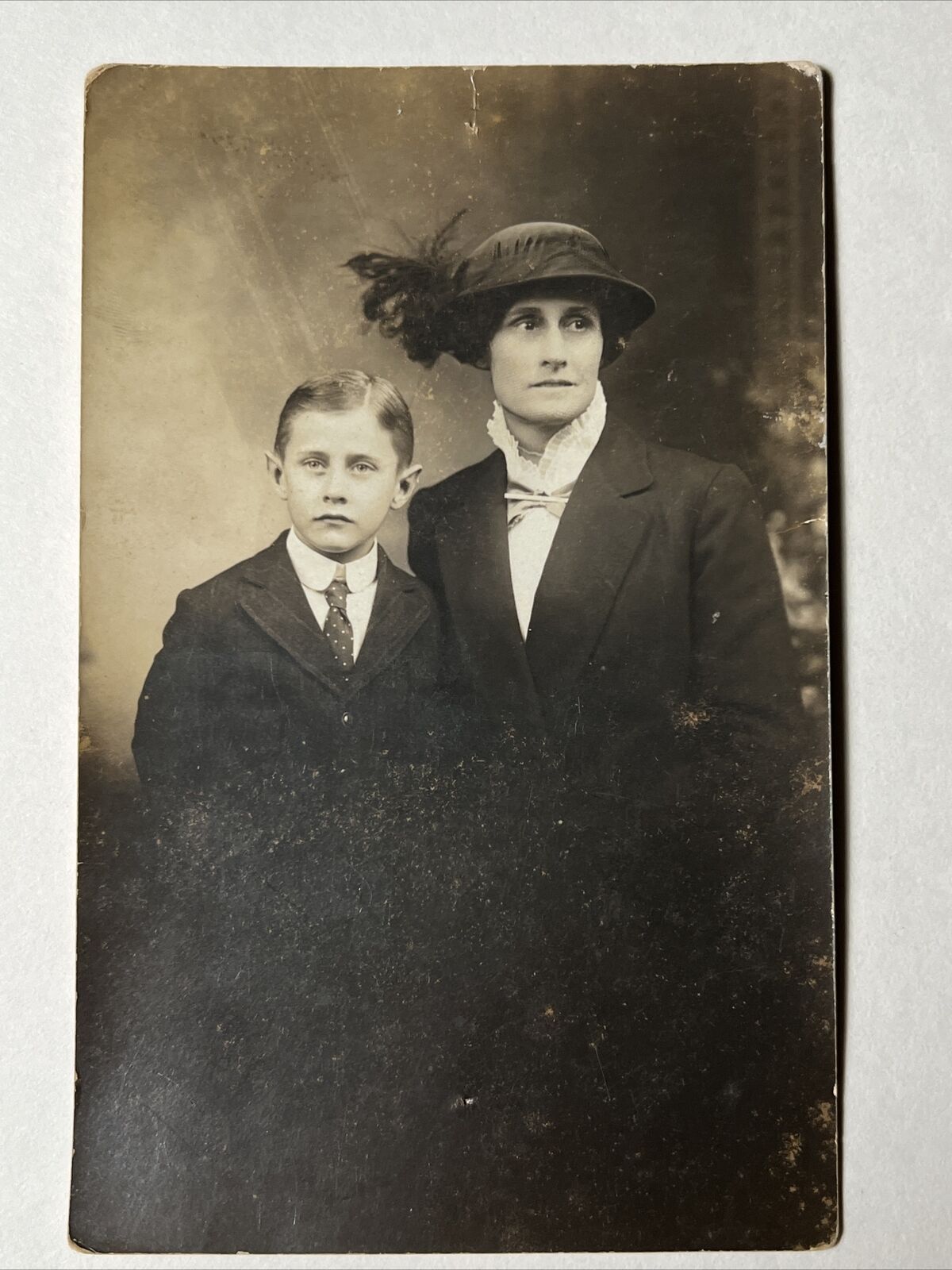 1920s STERN MOTHER in Hat with Proper Son RPPC Real Photo Postcard