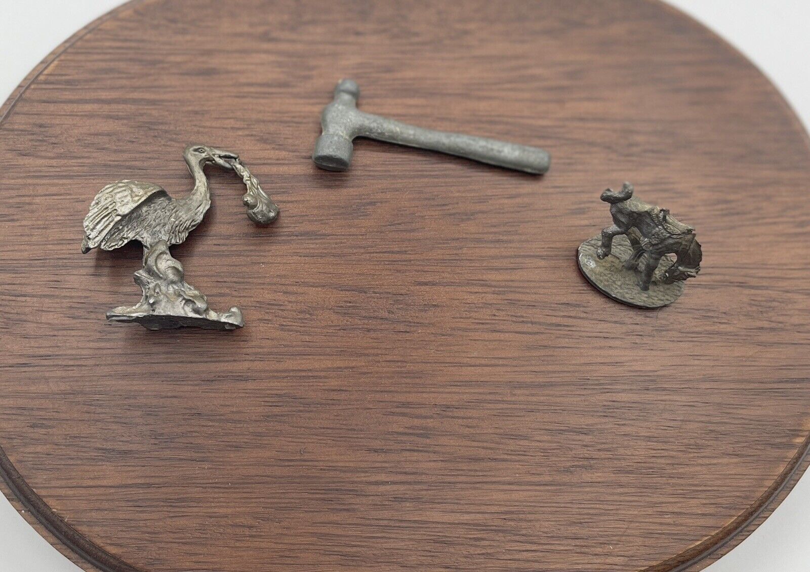 Lot of 3 Pewter Miniature Figurines Stork with Wrapped Baby, Hammer, Horse