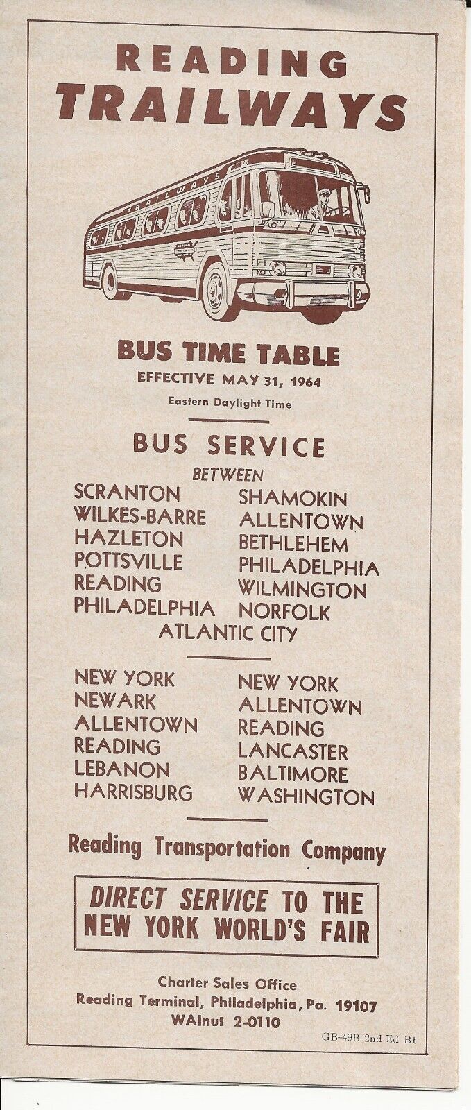 1964 Reading Trailways PA Pennsylvania bus time table fold brochure Worlds Fair