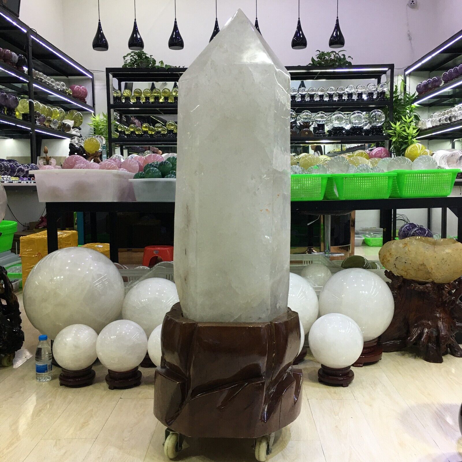 440LB Top ！Natural clear quartz obelisk carved crystal wand point reiki+stand