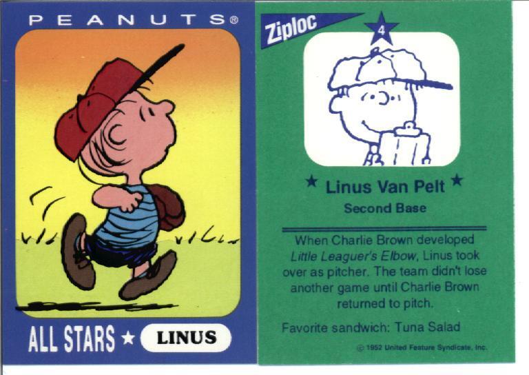 1990\'s Peanuts Ziploc Baseball Card - LINUS #4 (2B)