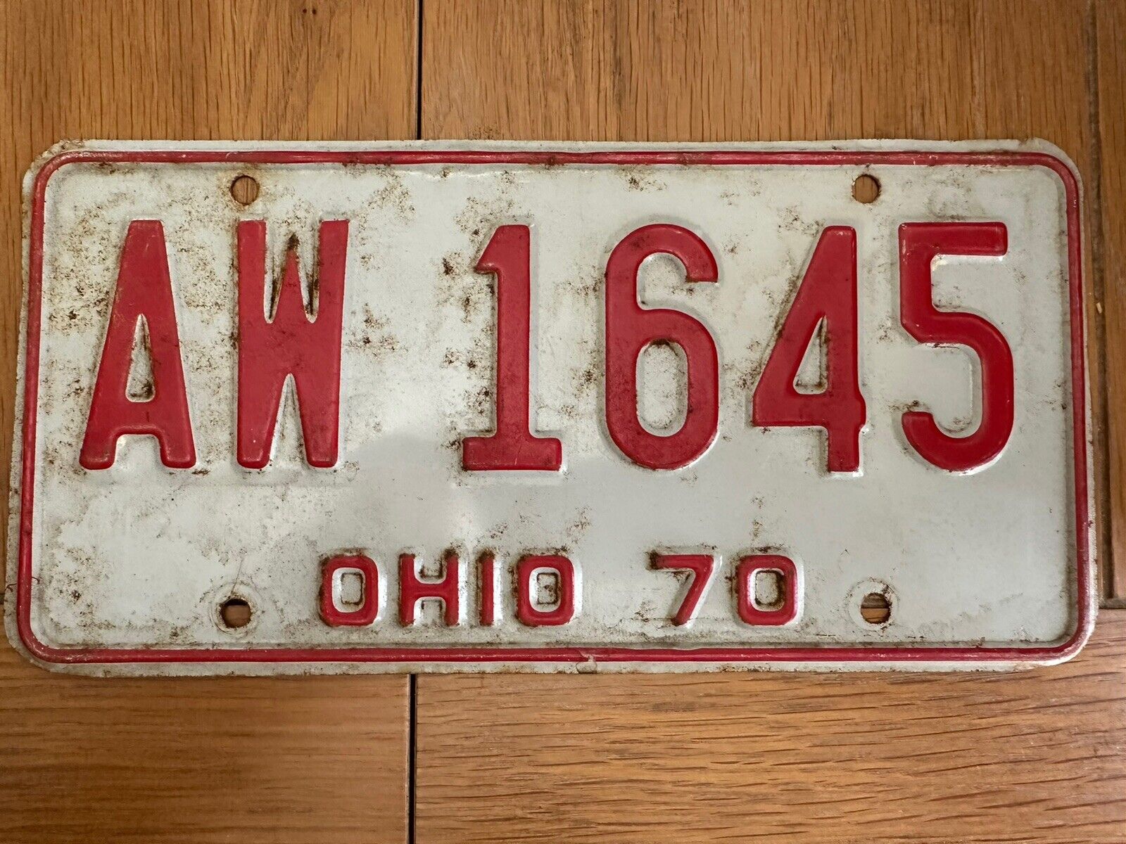 1970 Vintage Ohio Red White Metal License Plate Antique AW 1645