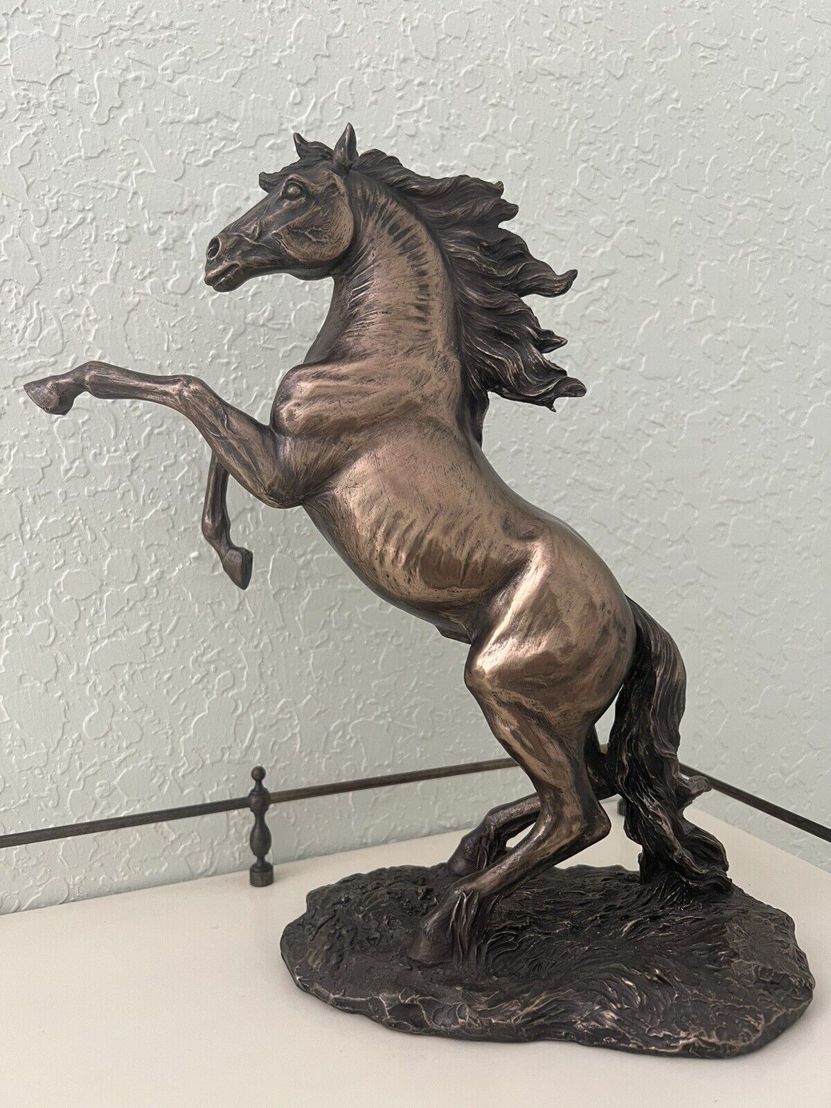 Handcrafted Cold Cast Bronze Rearing Stallion Statue Home Decor ~ Stands 12.37”H