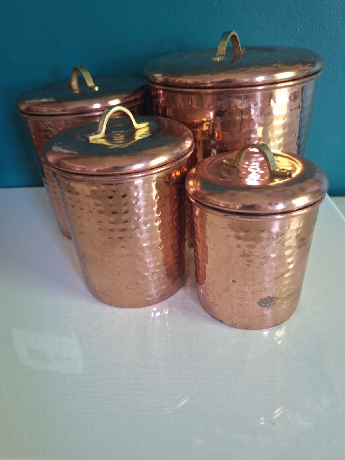Hammered Copper Canister Set of 4 Nesting Handled