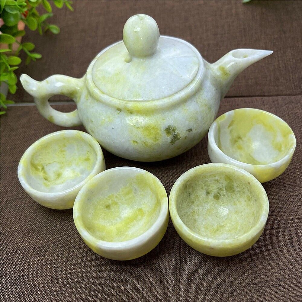 5Pcs  Natural Cauliflower jade tea set Crystal Quartz Cup pot decoration healing