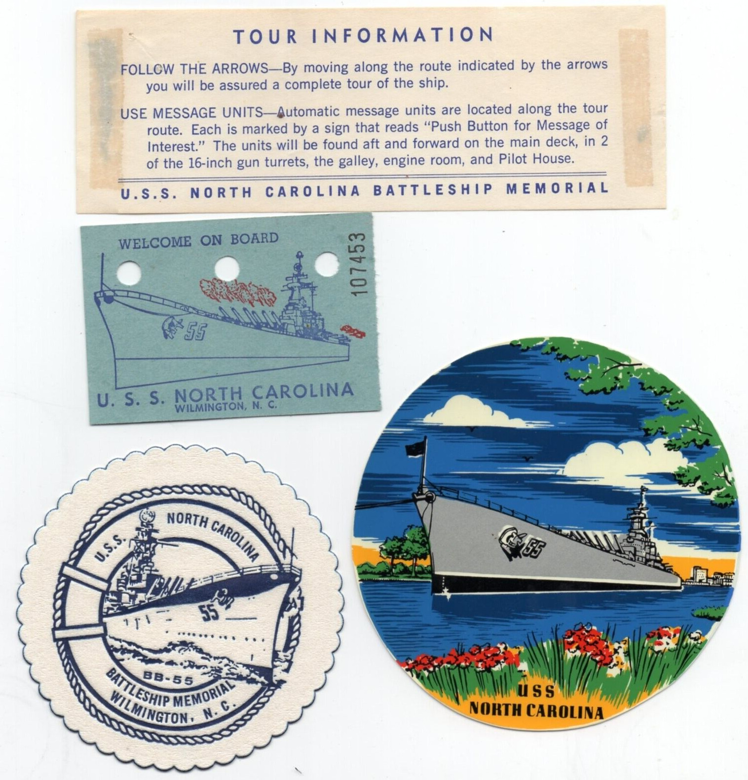 Vintage U.S.S. North Carolina Memorial US Navy Ship Tour Ticket/Decal/Coaster
