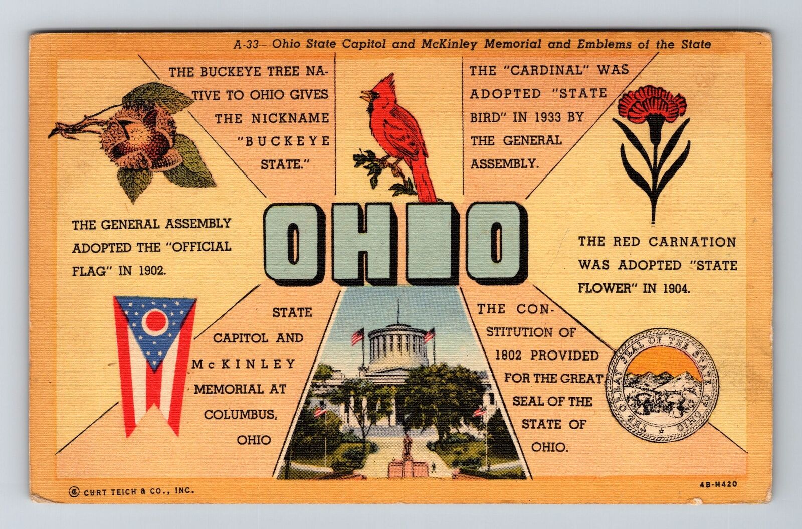 OH-Ohio, General Greetings, Ohio Icons, Vintage Postcard