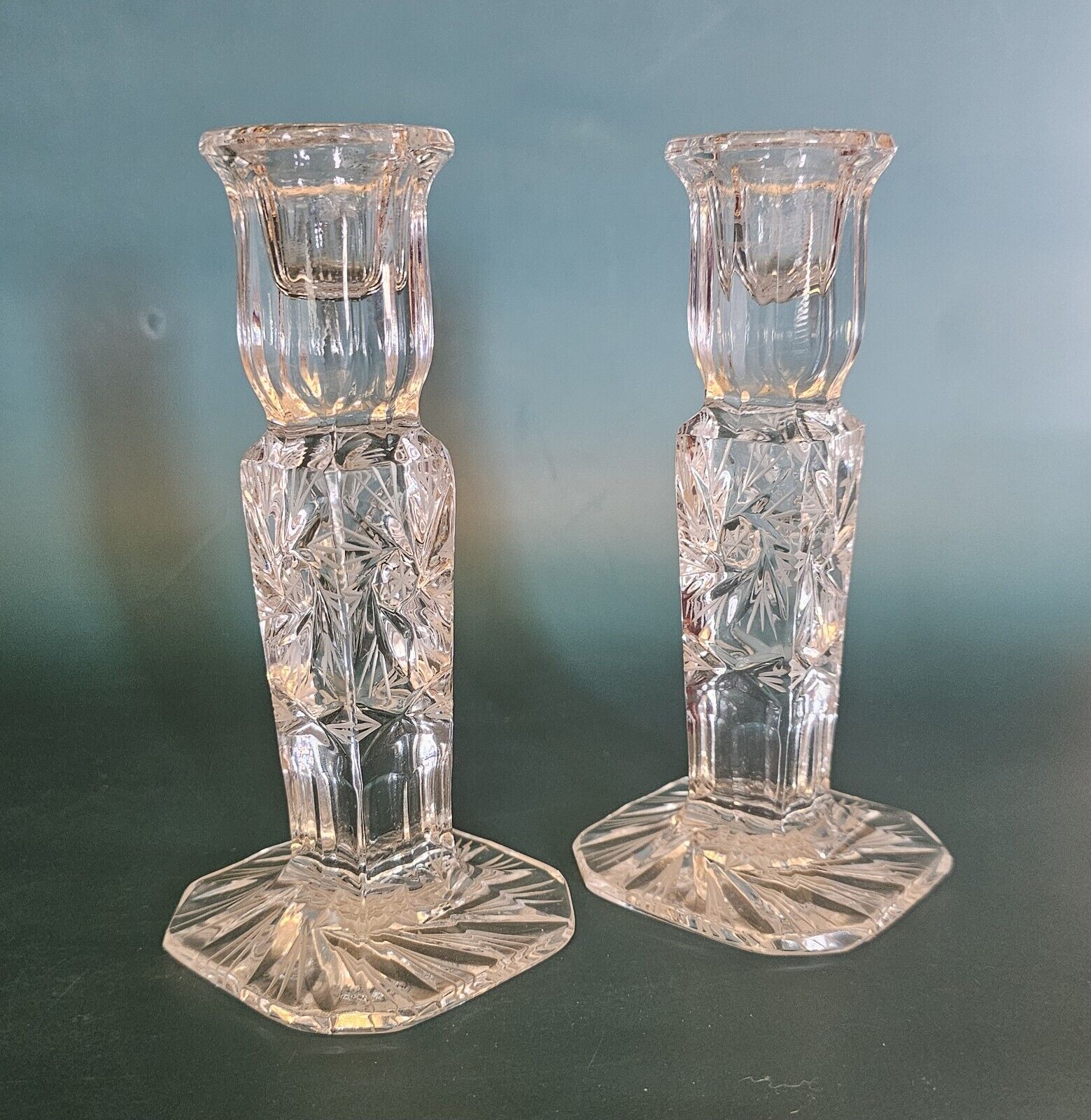 Vtg Pair Hand Cut Clear Lead Crystal Etched Candle Holder Sticks Star Design 6\