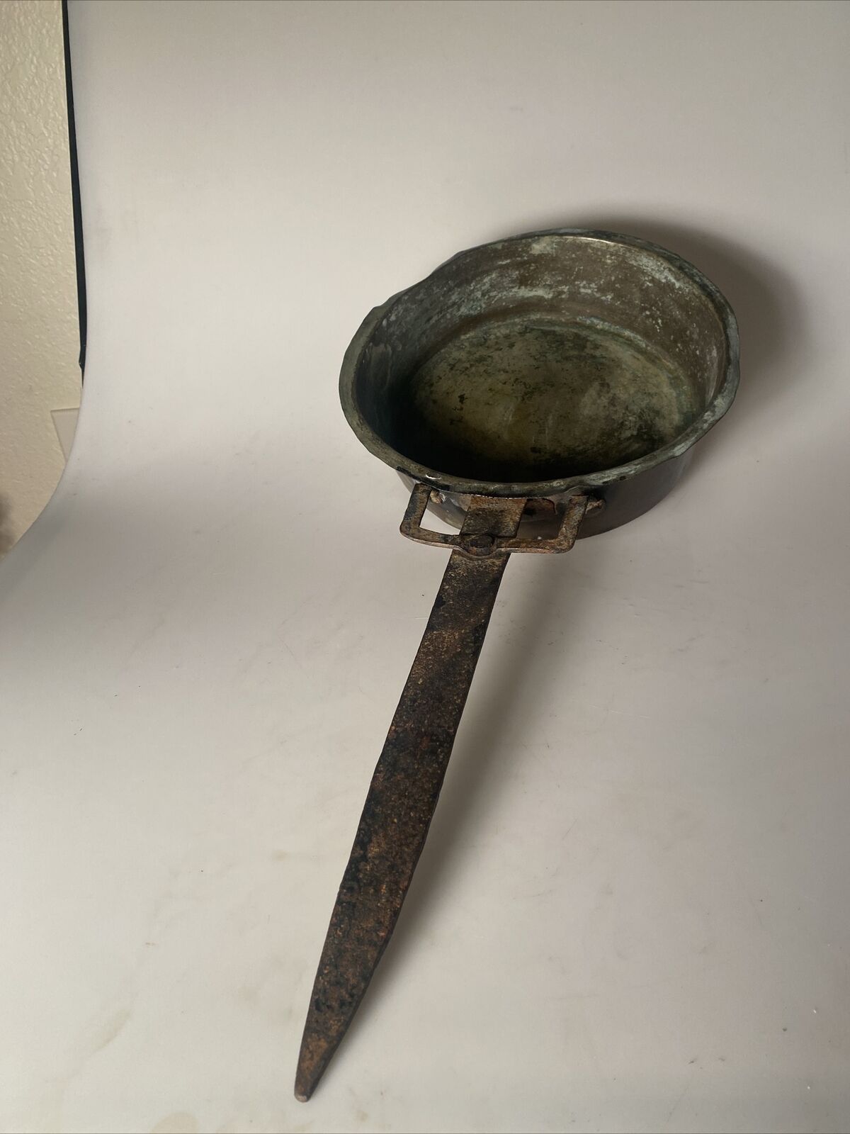 Antiq. Primitive Long Handled Hammered Iron & Copper Pan