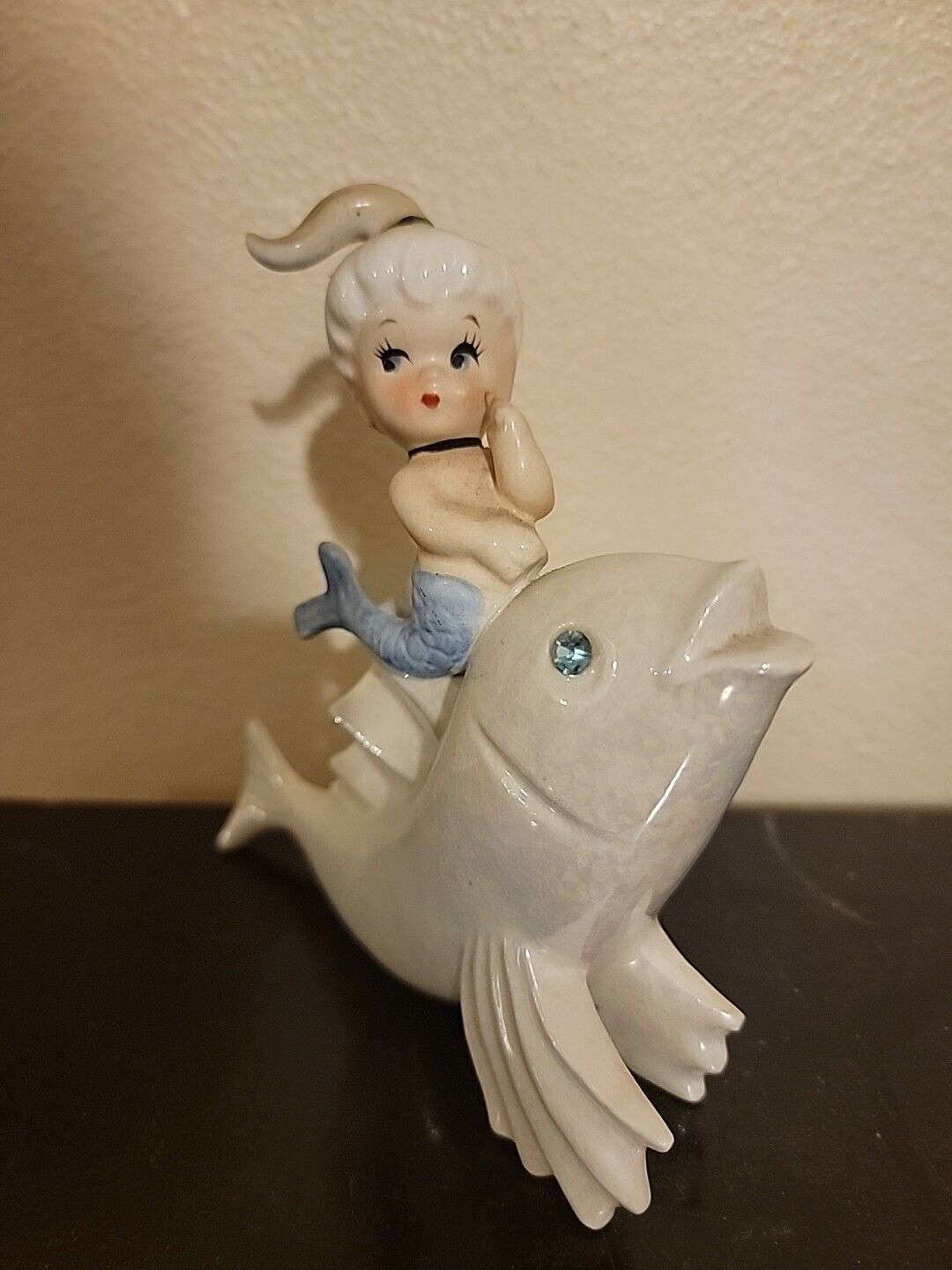 Vintage Norcrest Ceramic Mermaid on Iridescent Fish, Wall Plaque, Figurine