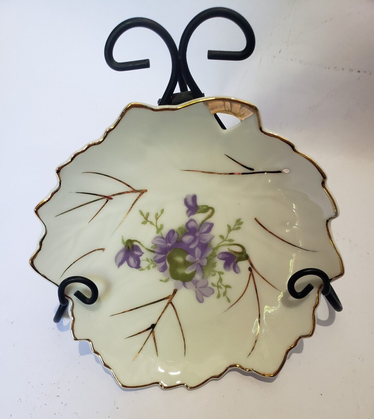 Vintage Badcock Leaf Shaped Dish with Gold Accents Purple flowers