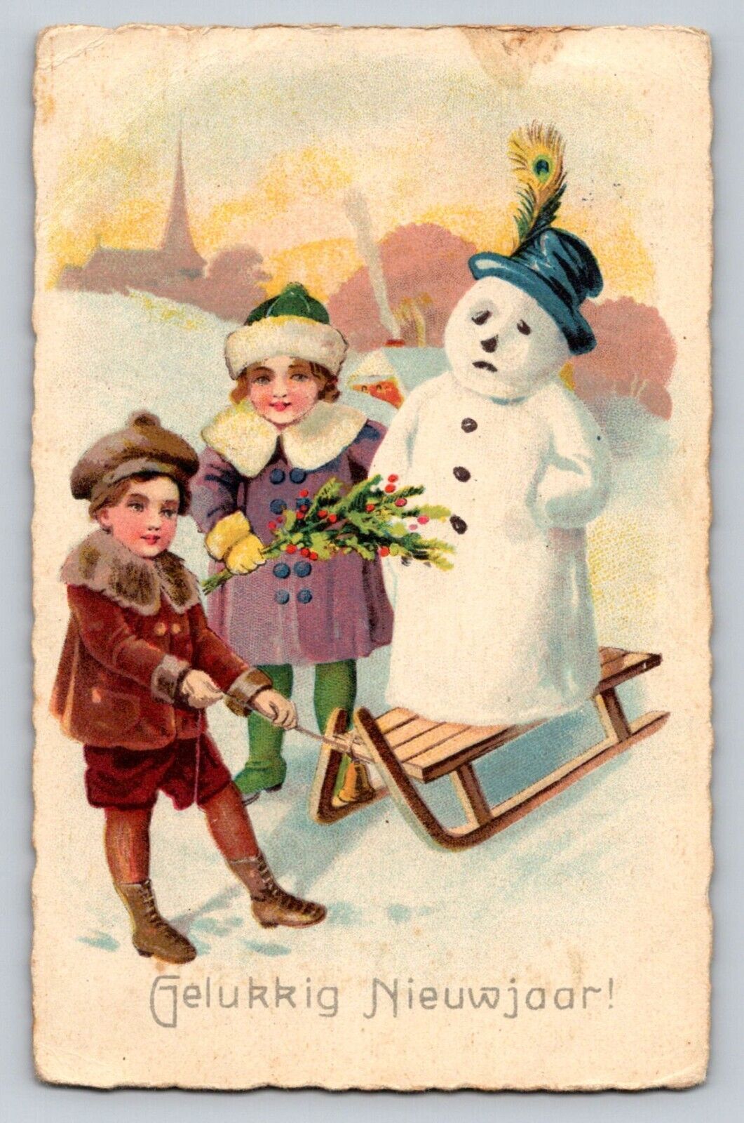 Vintage Snowman Children Pulling Sleigh House Church New Year P507A Deckle Edges