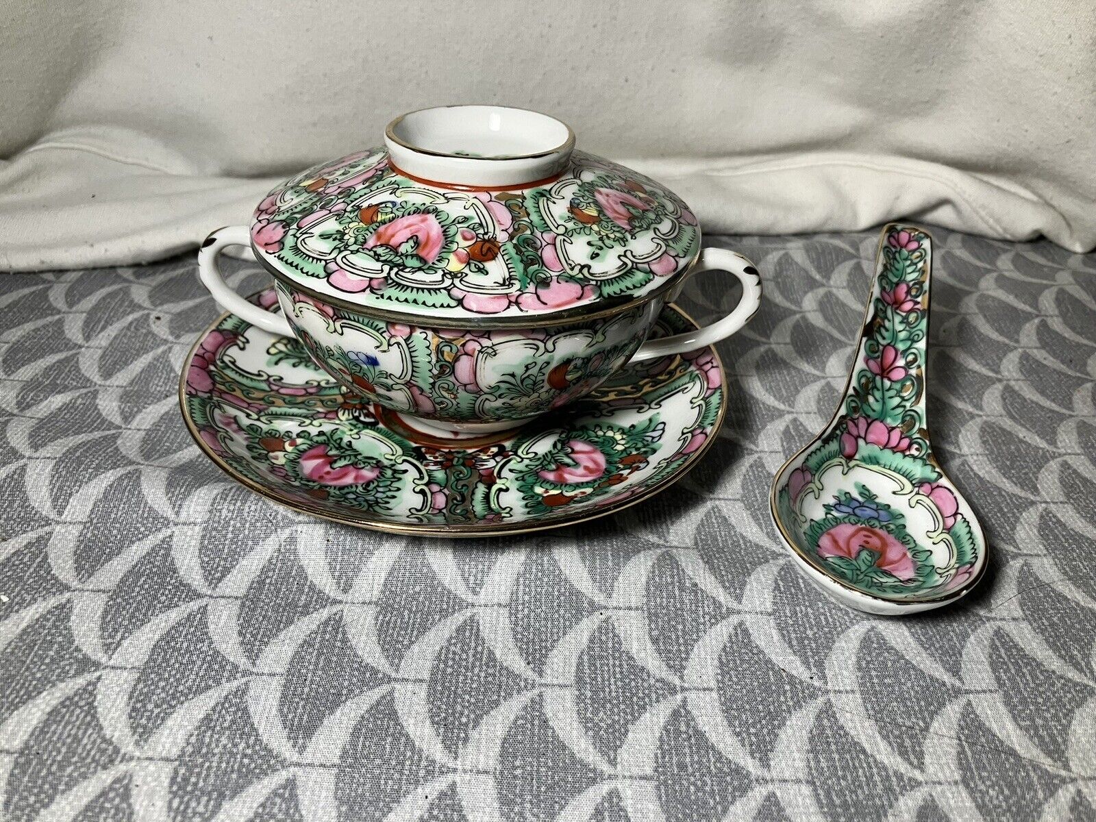 Asian porcelain handpainted Soup Bowl With Lid, Saucer And Spoon.