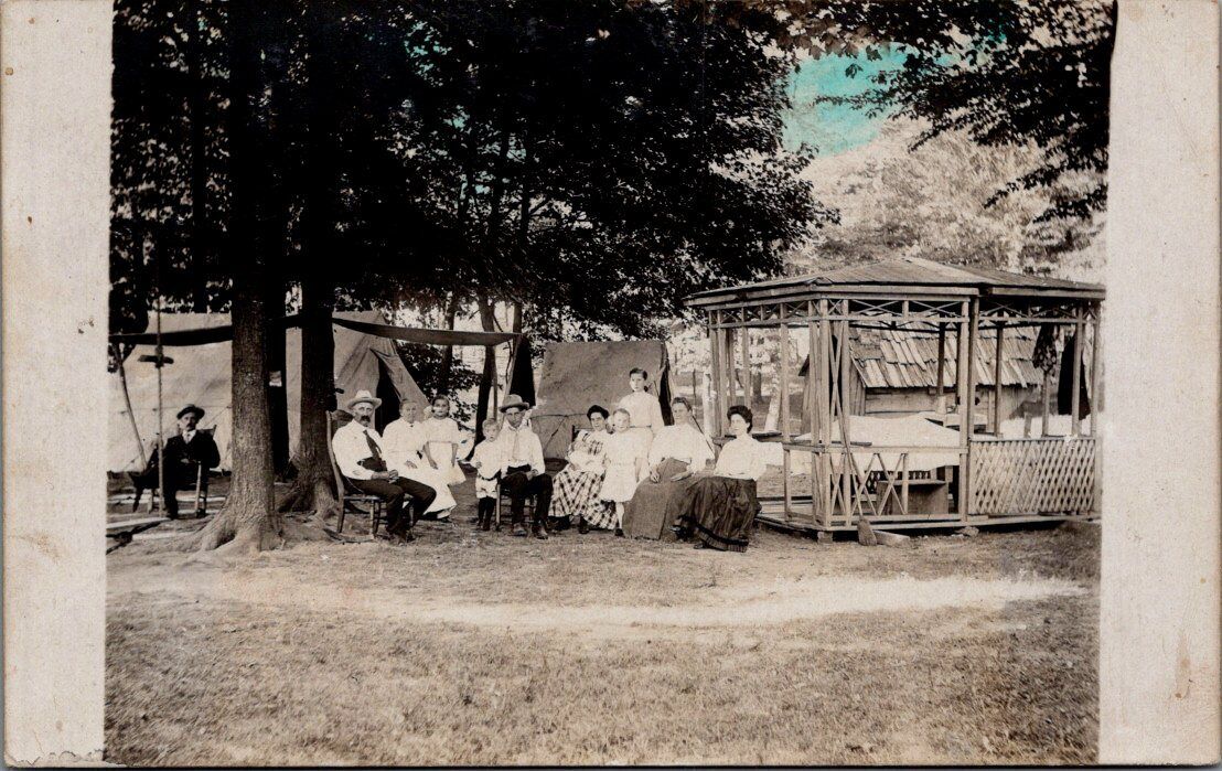 1908, Group Photo CAMPING Out in Illinois Real Photo Postcard