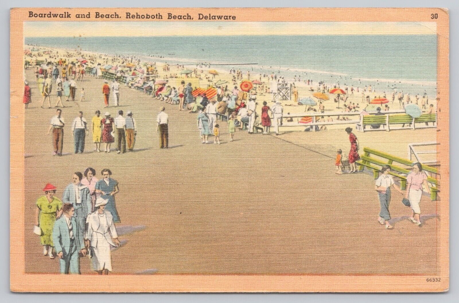Rehoboth Beach Delaware, Boardwalk & Beach Sunbathers, Vintage Postcard