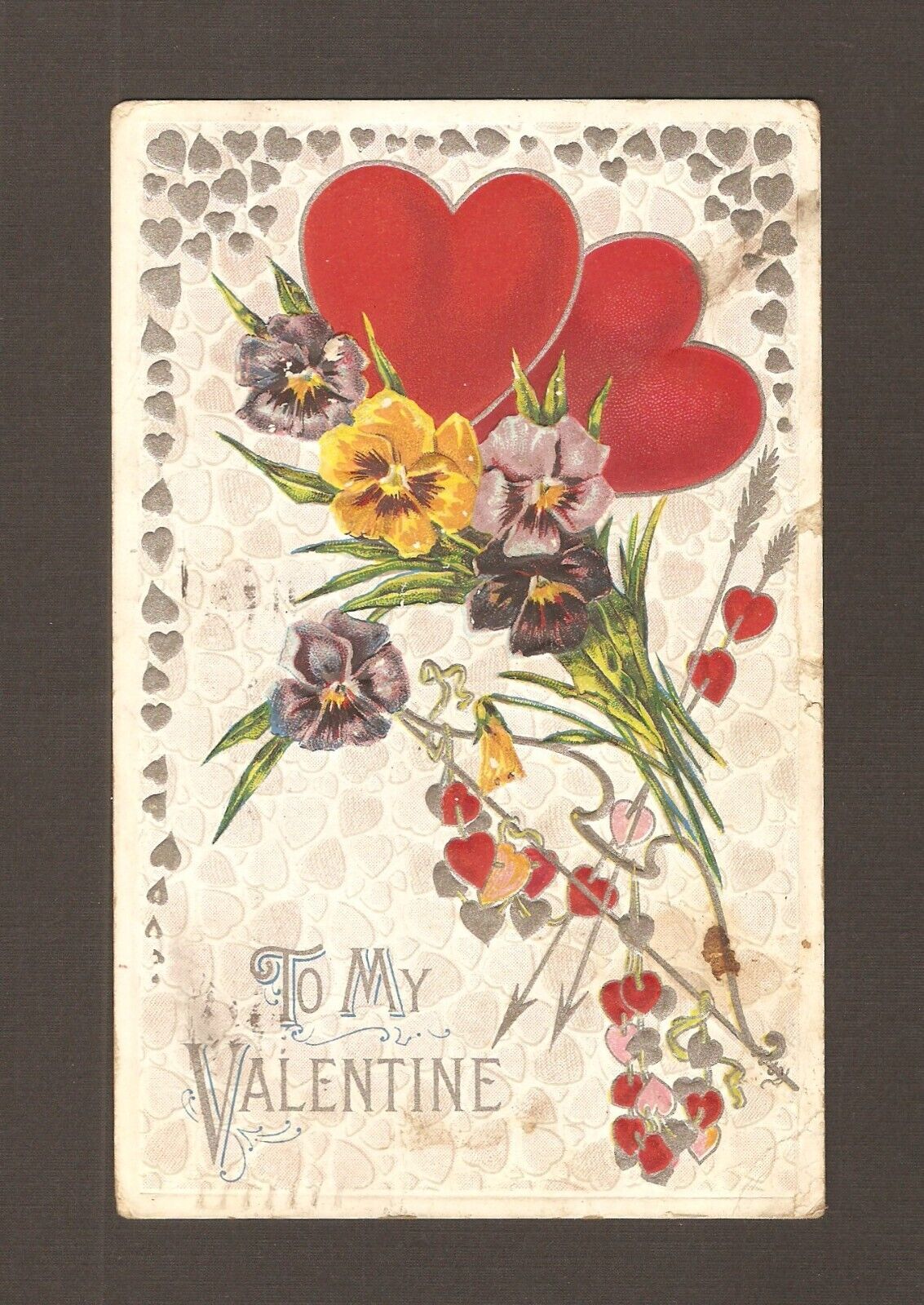Old Antique 1913 Postcard To My Valentine Hearts Flowers Flower Bouquet Love