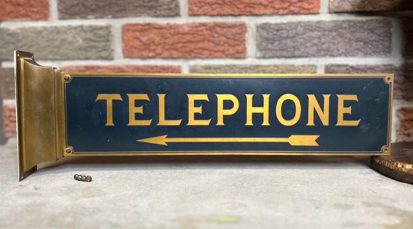 Early Antique Brass Telephone Two Sided Flange Sign with Directional Arrow