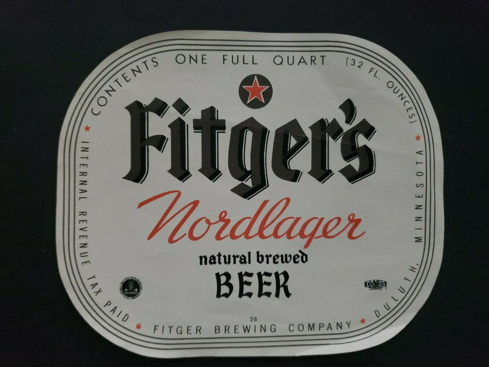 1970s Fitger's Nordlager Beer Bottle Label Duluth Minn - 1 Quart - NOS (PB127)