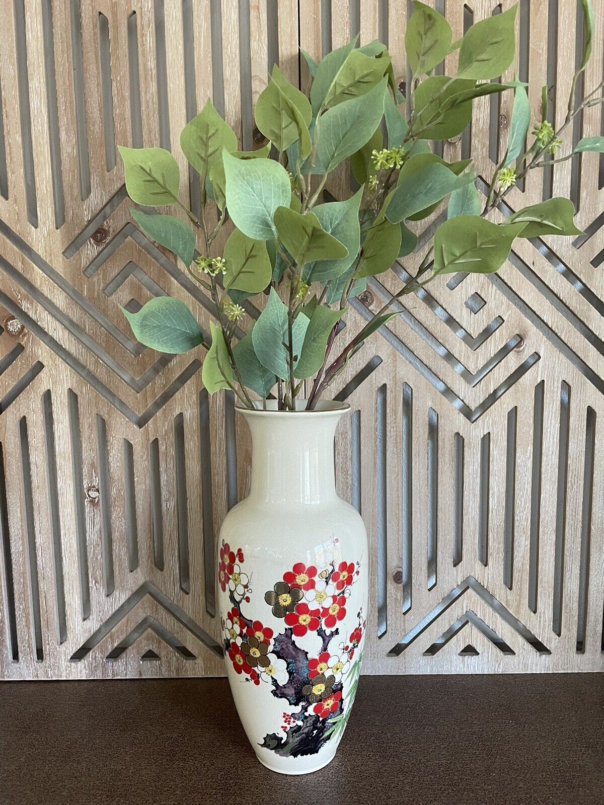 Vintage Japanese cherry blossom glazed crackle vase