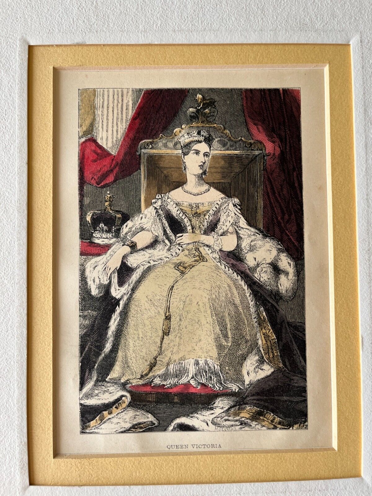 Antique Early Queen Victoria Engraving Etching print - Hand color