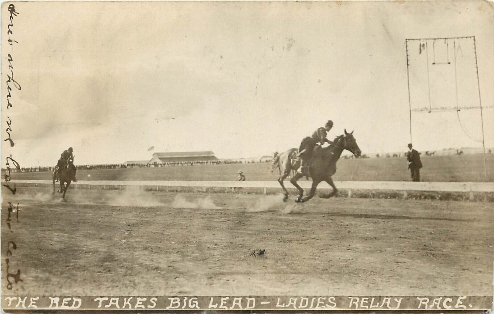 RPPC Postcard Red Takes Lead Ladies Relay Race Women Horse Racing Grand Forks ND