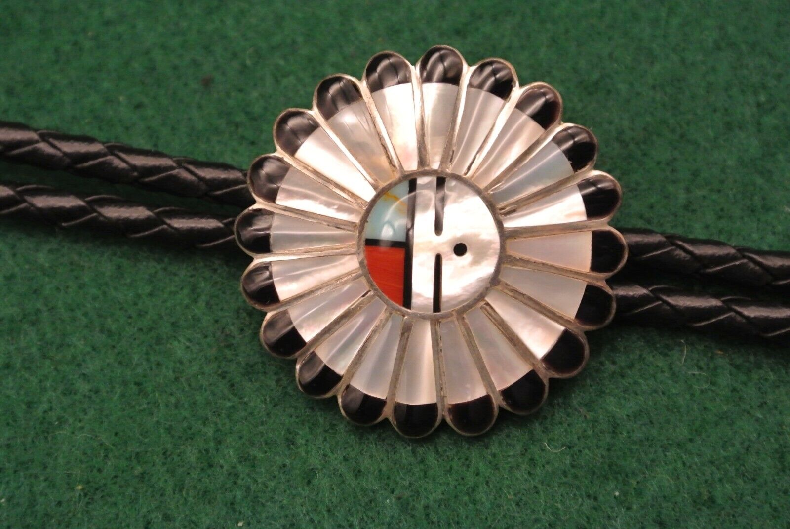 Vintage Zuni Sterling Silver Inlay Sun Face Native American Bolo Tie Signed