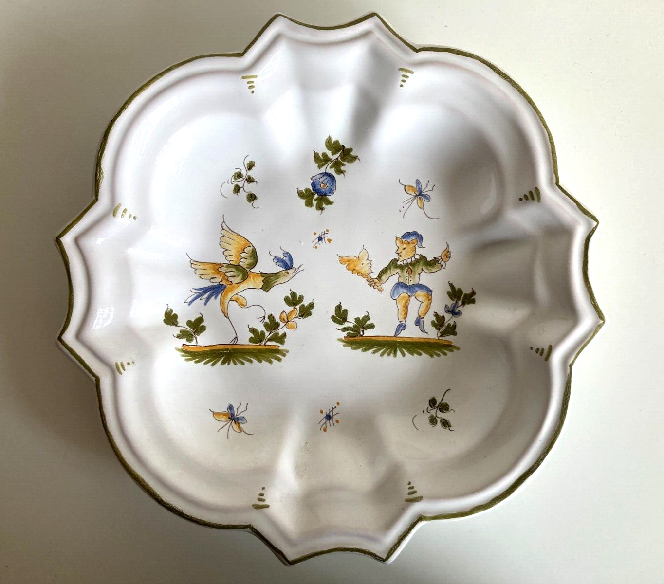 Vintage French Faience Moustiers Wall Plate Hand Painted Scalloped Edge