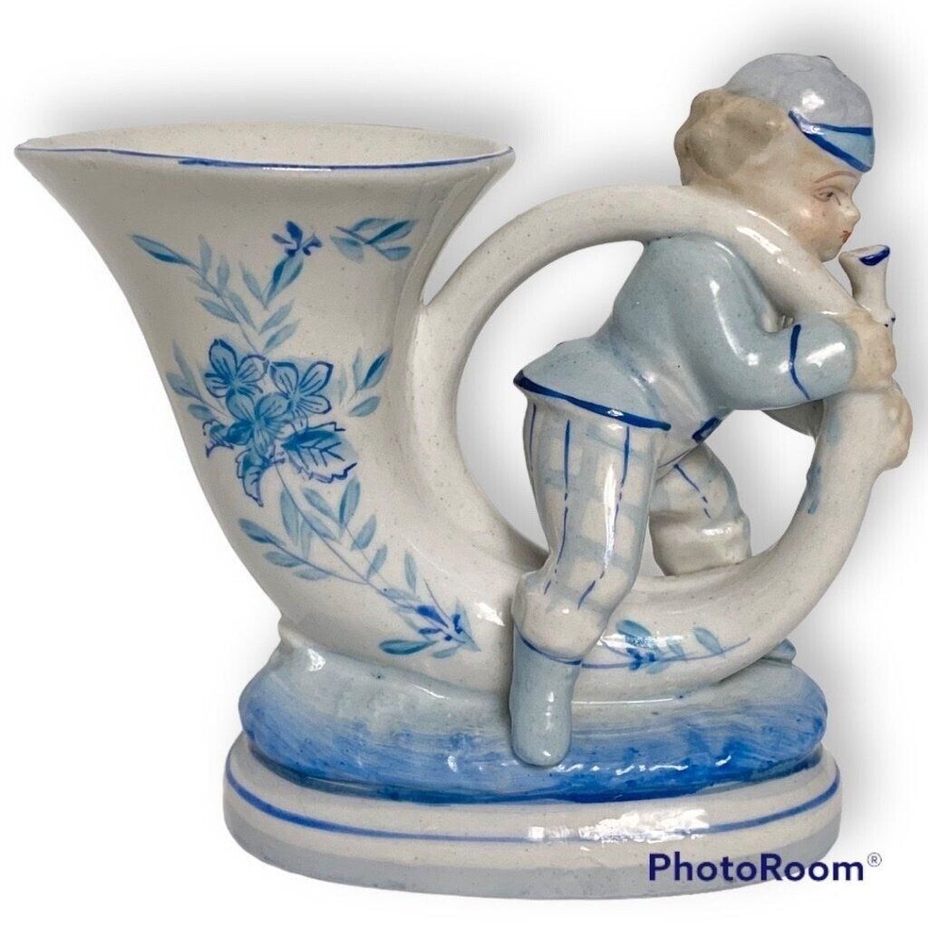 Vintage L&M Inc Blue White Horn Blowing Boy Vase