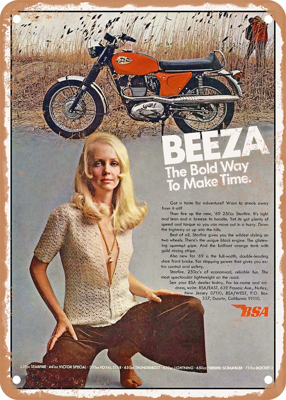 METAL SIGN - 1969 BSA 250cc Starfire Beeza the Bold Way to Make Time Vintage Ad