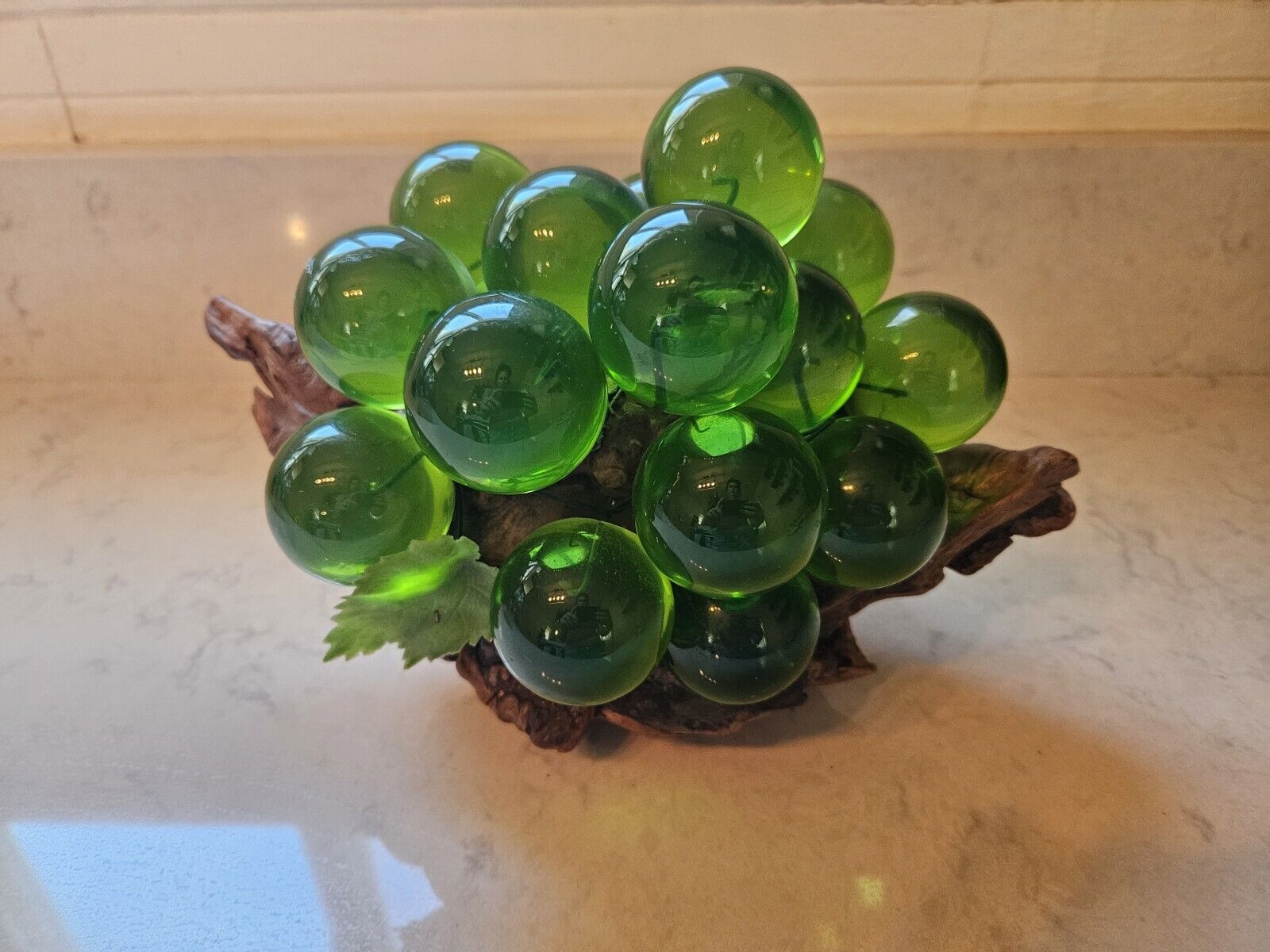 Vintage Lucite Plastic Large Green Grapes Cluster 14 Grapes On Driftwood