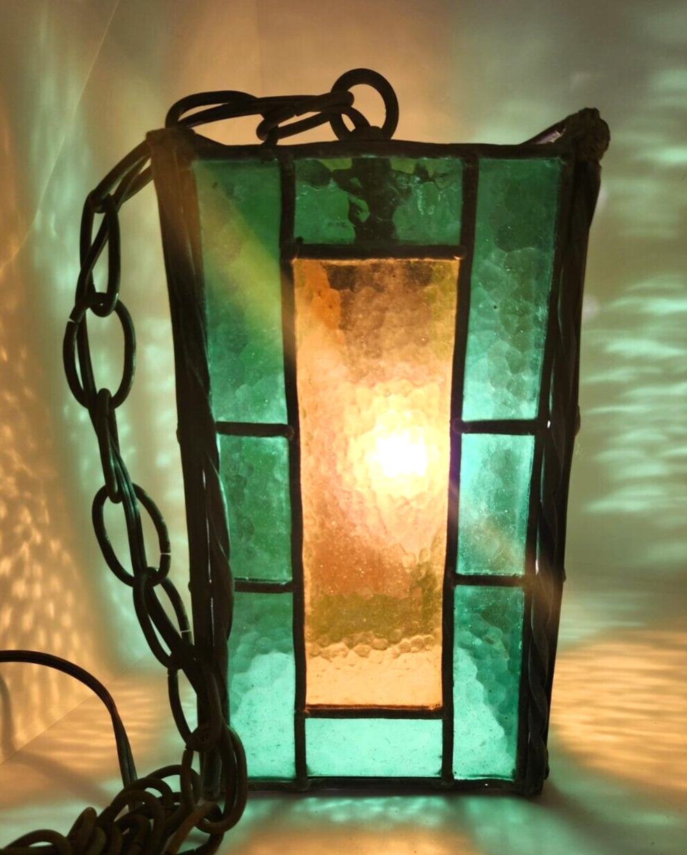 Vintage Tiffany Style Hanging Stained Glass Lamp with Green and Gold Glass 8.5\