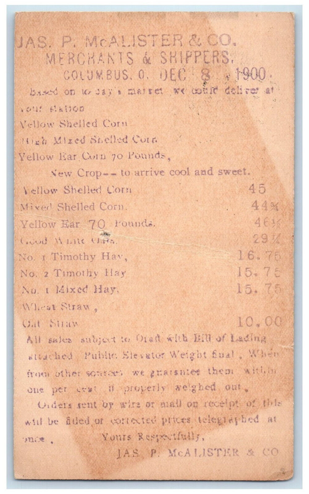 1900 Jas P McAlister & Co. Merchants & Shippers Columbus Ohio OH Postal Card