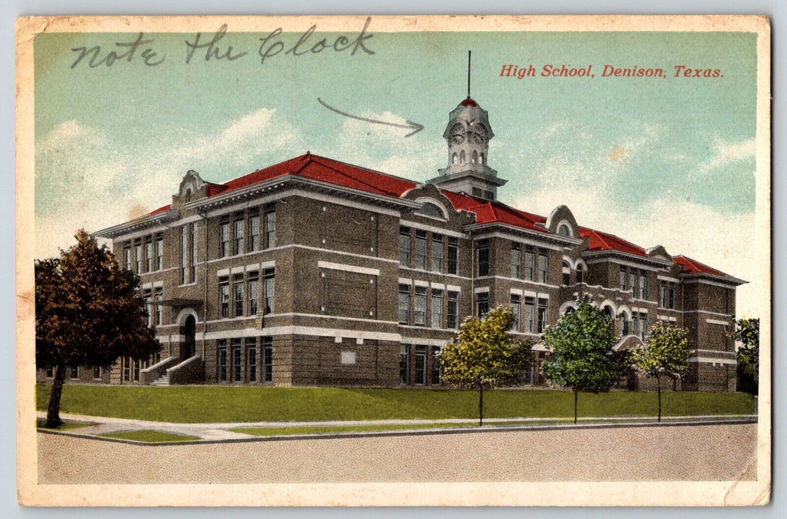 Postcard High School - Denison Texas - 1915 RPO Cancel