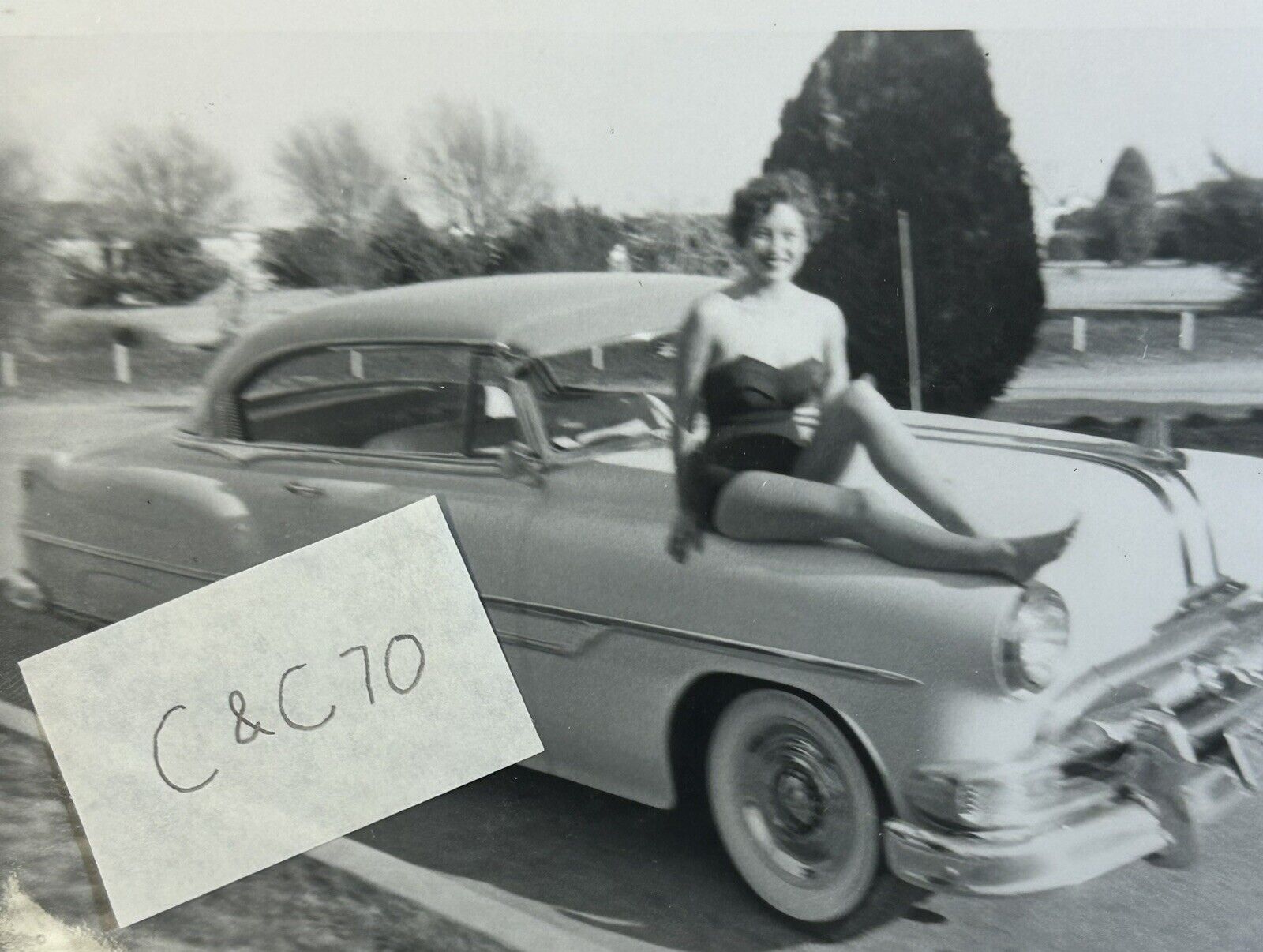 1953 Pontiac Original Black & White Car Photo, Woman In Bathing Suit
