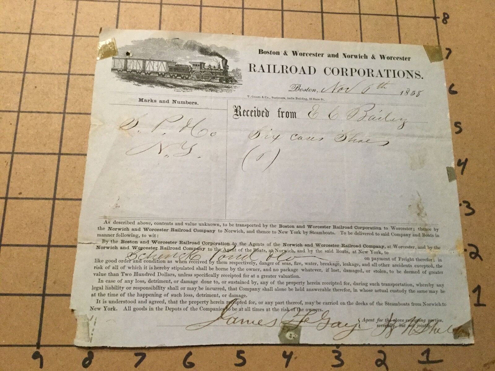 Vintage Original RAILROAD Receipt -1864 - BOSTON WORCESTER & NORWICH w Vingette