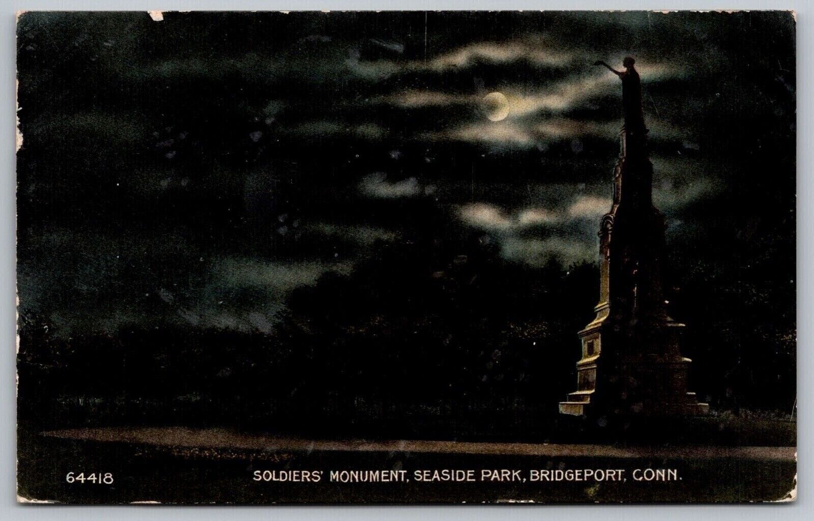 Soldiers Monument Seaside Park Bridgeport Connecticut Moonlight Statue Postcard