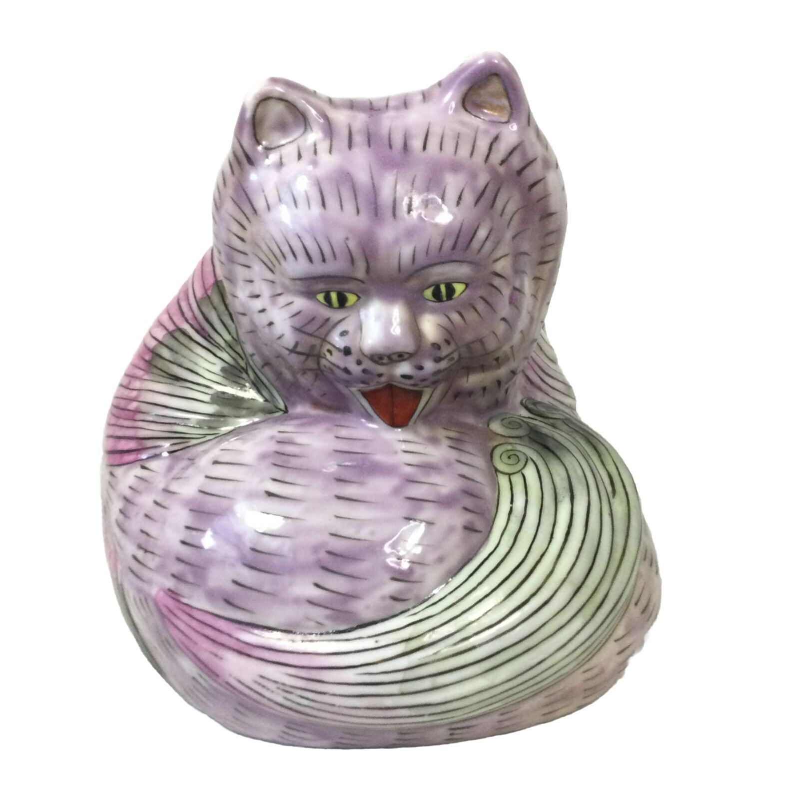 Vintage Cat Statue Chinese Ceramic Pink Purple Green 7” Tongue Out Grooming