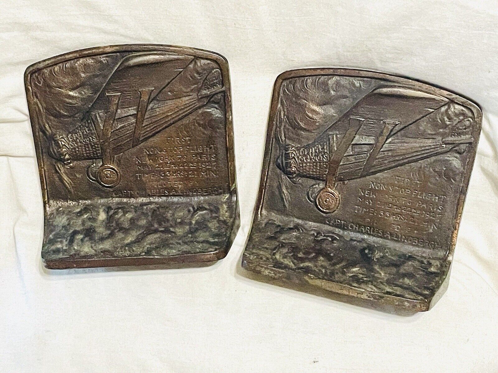 *RARE FIND* Antique🔥Charles LINDBERGH BRONZED Cast🔥Iron 1st FLIGHT🔥BOOKENDS